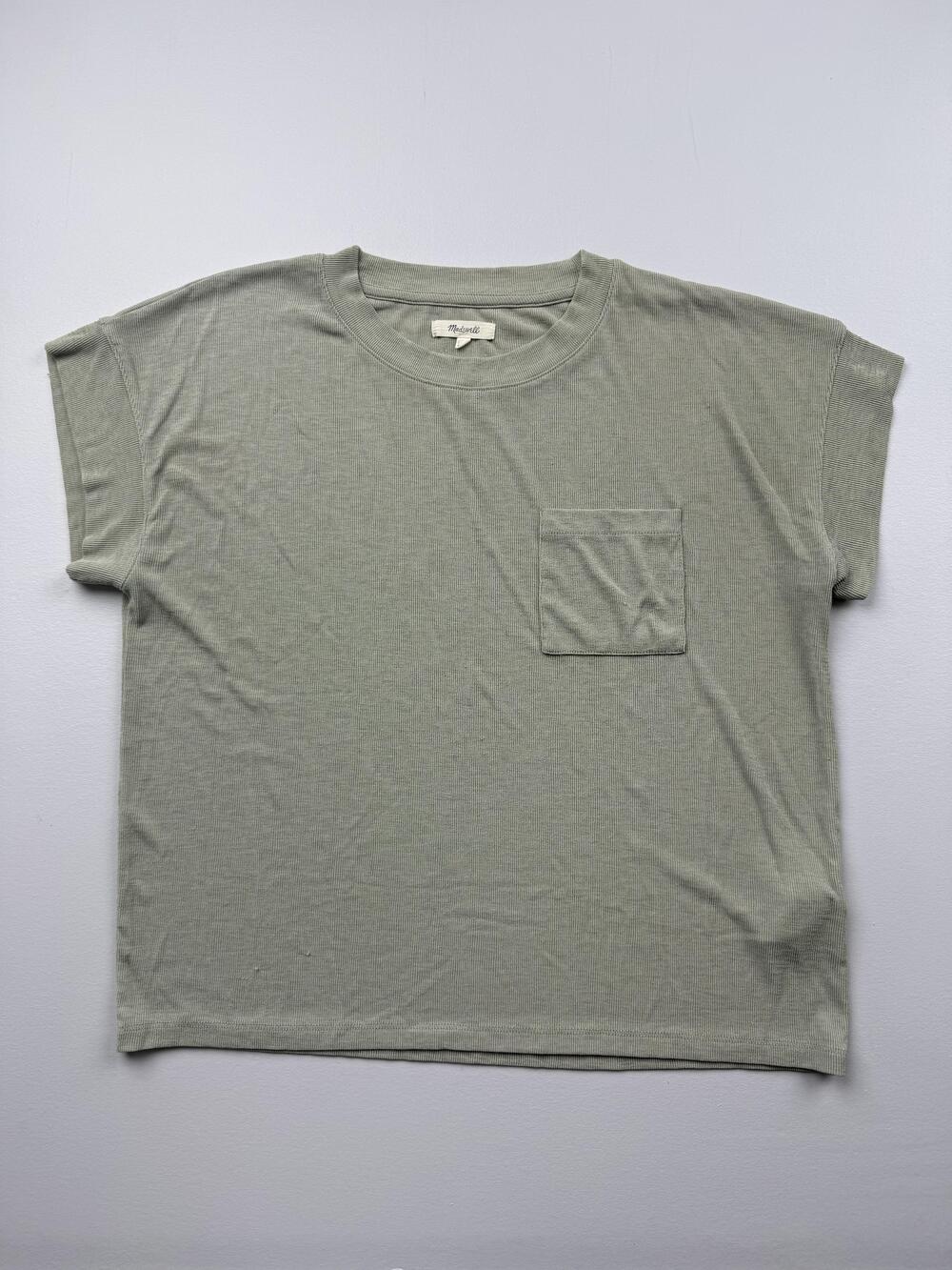 Madewell Shirt Womens L Green Crew Neck Short Sleeve Ribbed Pocket Top Basic